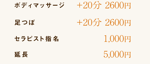 ボディマッサージ＋20分2600円　足つぼ＋20分2600円　セラピスト指名1000円　延長5000円